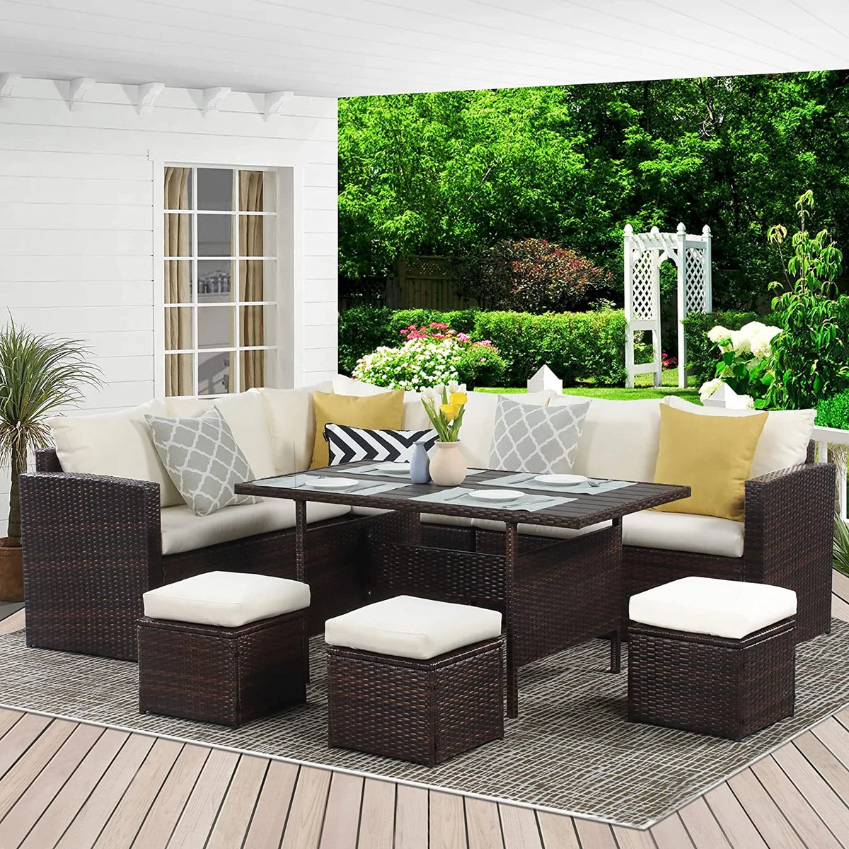 7 Piece All Weather Wicker Patio Dining Sofa Set with Ottoman S56248