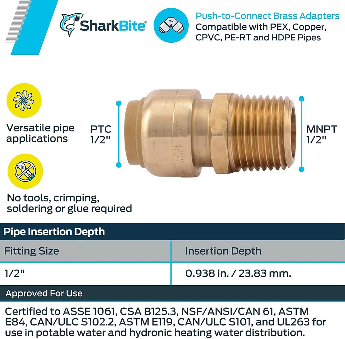 1/2 Inch MNPT Push to Connect Brass Fitting, Pack of 4 J927011