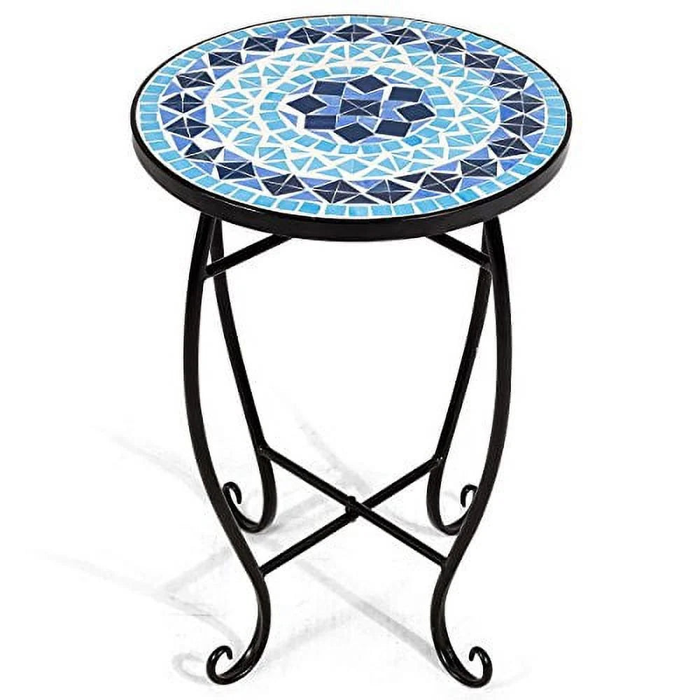 Round 14 Inch Mosaic Side Table with Glass Top and Steel Frame G82878
