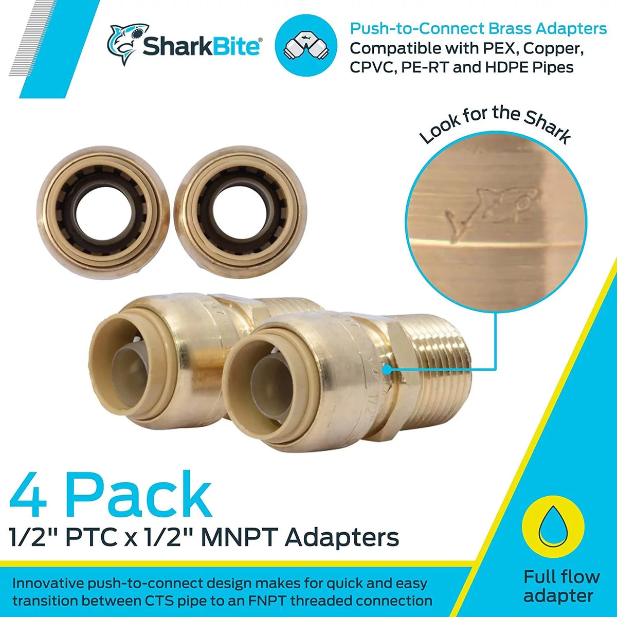 1/2 Inch MNPT Push to Connect Brass Fitting, Pack of 4 J927011