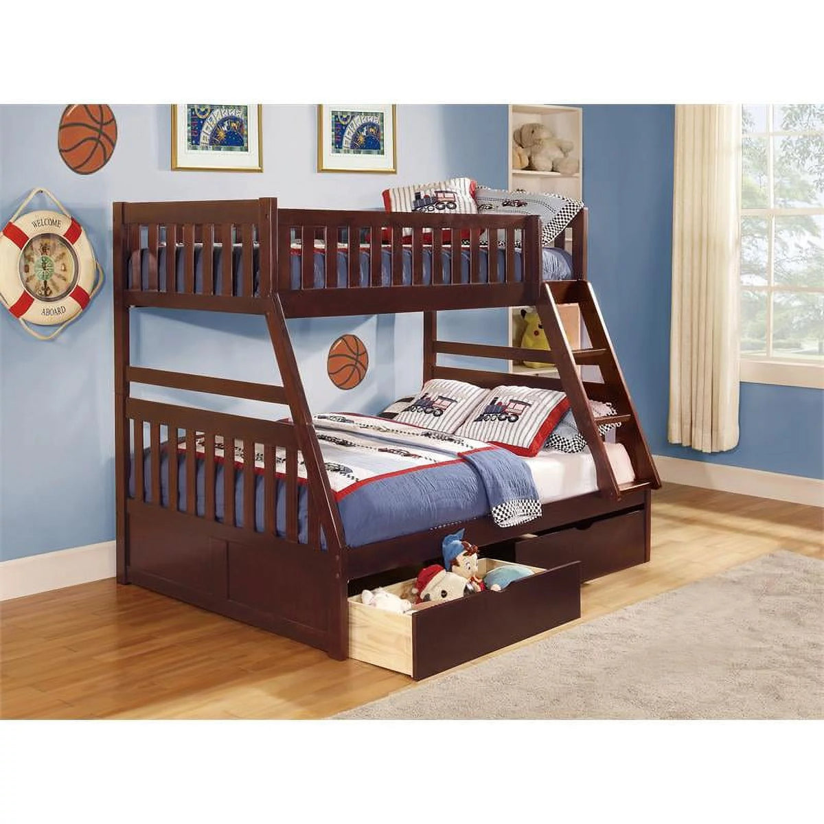 Dark Cherry Wood Twin over Full Bunk Bed with Storage Boxes K556261