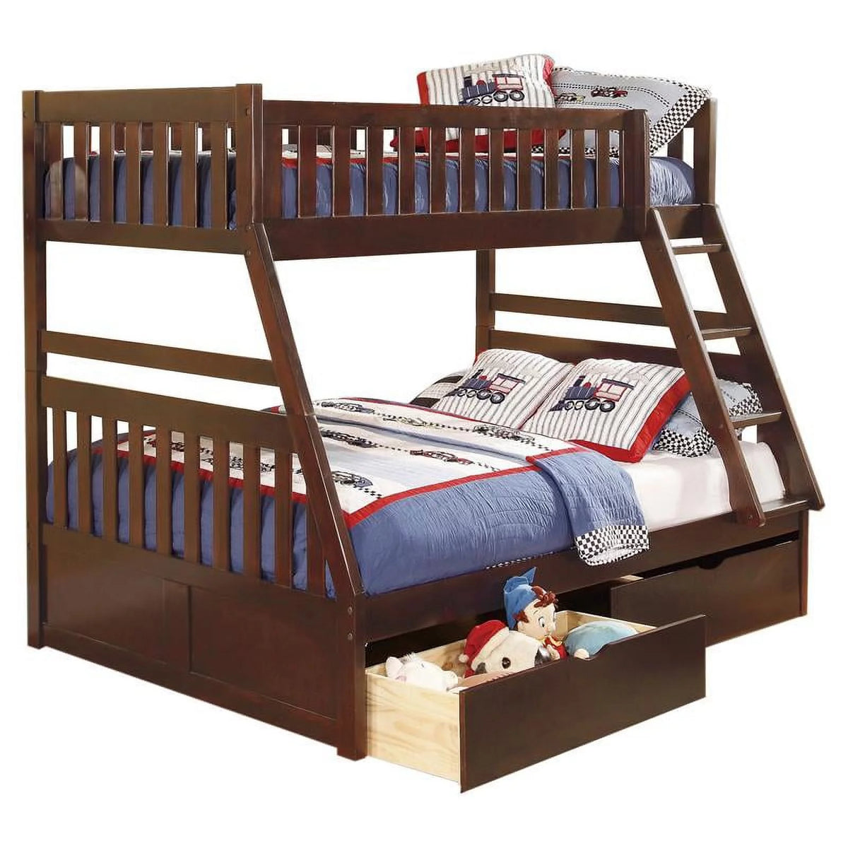 Dark Cherry Wood Twin over Full Bunk Bed with Storage Boxes K556261