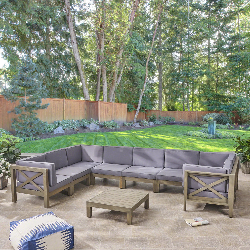 Acacia Wood 8 Seater Sectional Sofa Chat Set with Cushions E5697