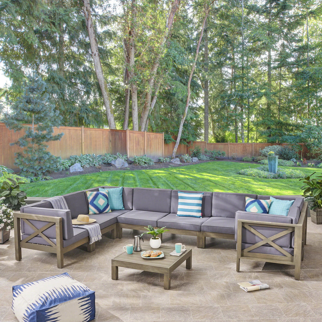 Acacia Wood 8 Seater Sectional Sofa Chat Set with Cushions E5697