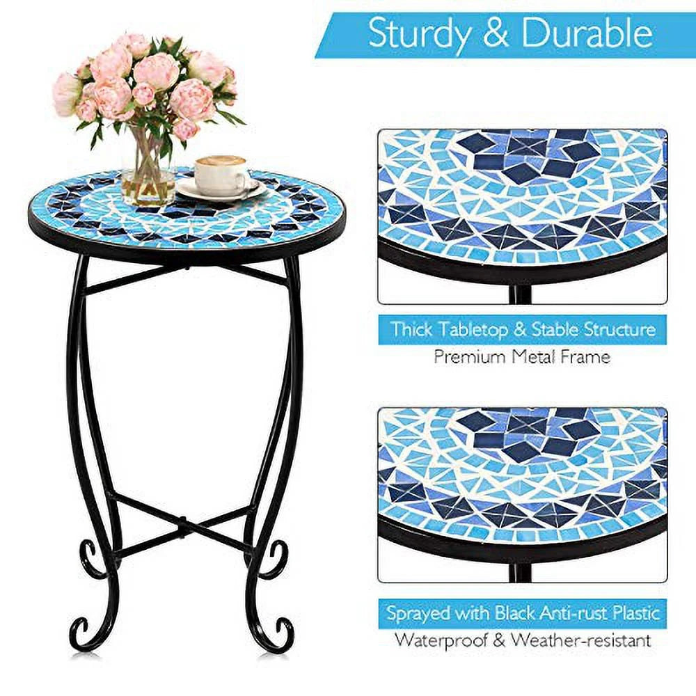 Round 14 Inch Mosaic Side Table with Glass Top and Steel Frame G82878