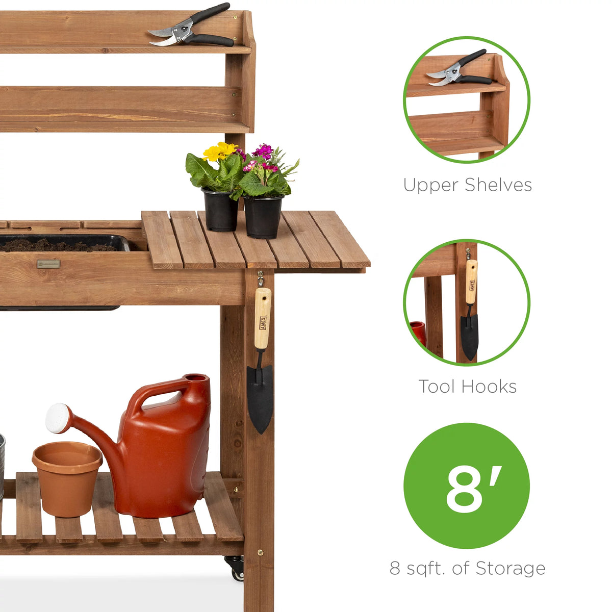 Wood Potting Bench Workstation Table with Sliding Tabletop Brown C9322