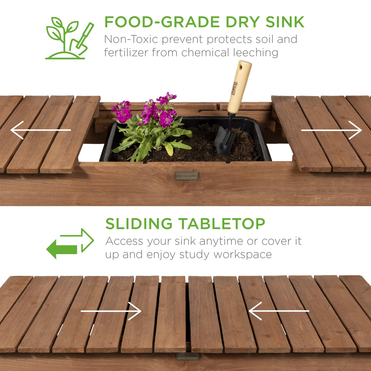 Wood Potting Bench Workstation Table with Sliding Tabletop Brown C9322