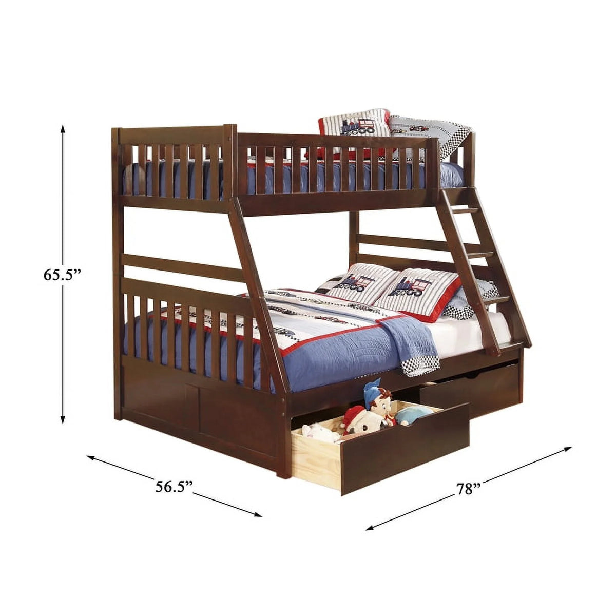 Dark Cherry Wood Twin over Full Bunk Bed with Storage Boxes K556261