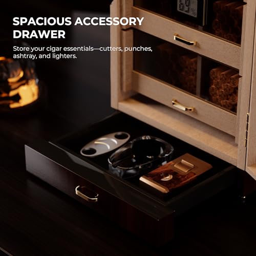 Cigar Cabinet Humidor with Accessory Drawer, Crystal Humidifiers, Lock & Keys and Spanish Cedar Lining T53557