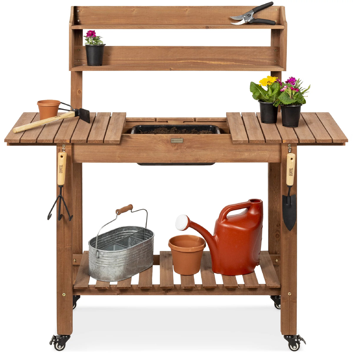 Wood Potting Bench Workstation Table with Sliding Tabletop Brown C9322