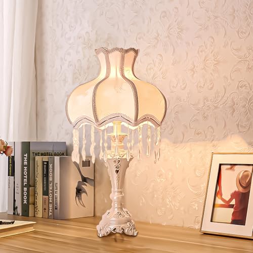 White Victorian Style Table Lamp with Lace Traditional Fabric F652