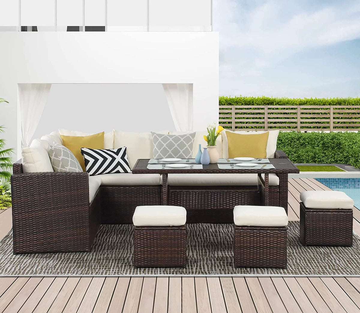 7 Piece All Weather Wicker Patio Dining Sofa Set with Ottoman S56248